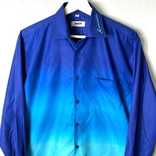 KANSAI UNIFORM カンサイユニフォーム 長袖 シャツ ブルー 青 グラデーション 刺繍 M 日本製 90's 90年代 ヴィンテージ ビンテージ 希少 正規品 古着 カジュアル ウェア ドレス  - 服/ファッション