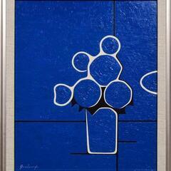 厚塗り油絵◆『青い花』◆がんどうあつし肉筆直筆油彩画絵画F8号シルバー新品額縁付