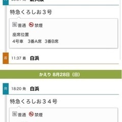 新大阪→白浜　特急乗車券2人分
