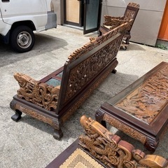 台湾から輸入　応接セット　木彫り　長椅子　小椅子2本　3点セット-フェイラー ラブラリーベーカリー バッグ トートバッグ パン柄