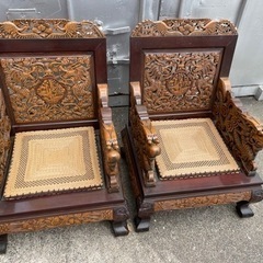 台湾から輸入　応接セット　木彫り　長椅子　小椅子2本　3点セット