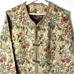 vintage ヴィンテージ ノーカラー ブルゾン ジャケット 羽織 ゴブラン柄 花柄 M 70\'s 70年代 ビンテージ 希少 名品 正規品 古着 カジュアル ウェア モード 