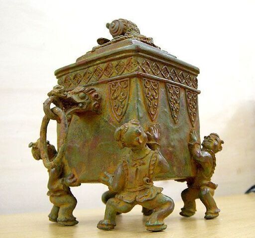 高岡銅器 米田秀保 鋳銅蝋型 香炉 打出小槌摘 龍頭 緑青 共箱 茶道具