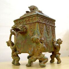 高岡銅器 米田秀保 鋳銅蝋型 香炉 打出小槌摘 龍頭 緑青 共箱 茶道具 札幌市手稲区