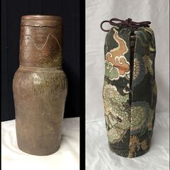 e1600 古南蛮 花入 おとし付 縄暖簾紋 木箱入り 南蛮花入 茶道具