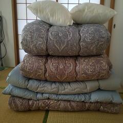 羊毛混 シングルサイズ かけ布団+敷き布団+枕 ２組セット+おまけ