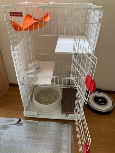 小さめ猫ケージ+トイレ+爪研ぎ+餌容器2個