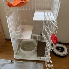 【ネット決済】小さめ猫ケージ+トイレ+爪研ぎ+餌容器2個