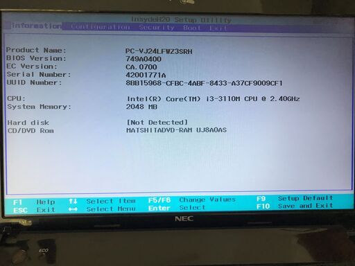 中古パソコン　NECノートパソコン　PC-VJ24LFWZ3SRH　HDDなし　core-i3 メモリ2GB　アダプタあり　初期動作確認済み