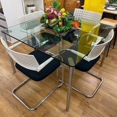 R472 高級 Zanotta＆ Vitra トップガラスダイニング 5点セット 正方形110cm