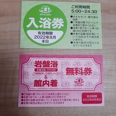 天然温泉ホテルこまち　入浴券&岩盤浴無料券