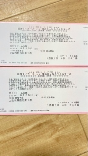 急ぎ‼️8/25京セラ阪神対DNAチケット連番2枚