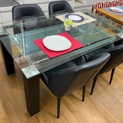 R212 NITORI トップガラスダイニングテーブル 革調 肘掛け付4脚椅子 セット 美品