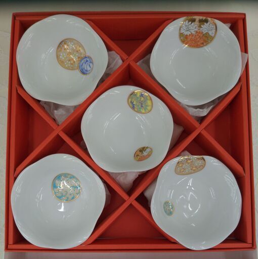 ☆ジモティー割引有り☆深川製磁 寿赤絵 小皿5枚揃い　ag-gf031