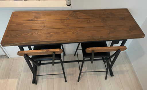カウンターテーブル・椅子二脚　天然木 パイン無垢材