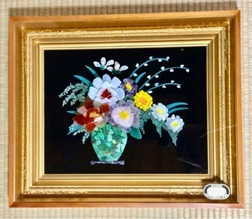 秀宝作 宝石画 貴石画 花 花瓶 骨董 額装 美術 アンティーク 工芸品 絵画
