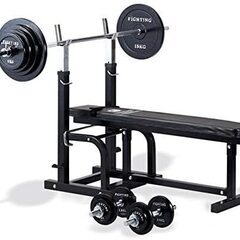 ③　状態良好 FIGHTING ROAD/ファイティングロード チャレンジャーセット(ハードベンチ＋ダンベル、バーベルプレート(ブラックタイプ)100KG＋バーベルシャフト 1本+ダンベルシャフト 2本） 手渡し希望/自社配送可能（配送エリアについてお問い合わせください）