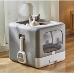 猫 トイレ 折り畳み式 ツードア スコップ付 猫砂盆 猫用トイレ...