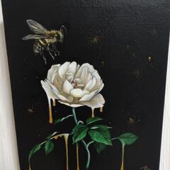 【油絵】白薔薇と蜂【絵画】