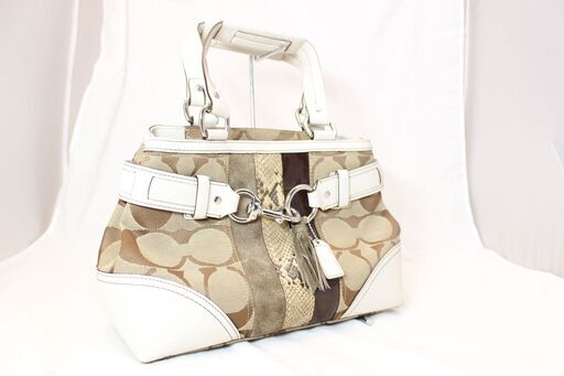 COACH　コーチ シグネチャー ハンプトンズ ミディアム ハンドバッグ 10262　キャンバス レザー ベージュ レディース