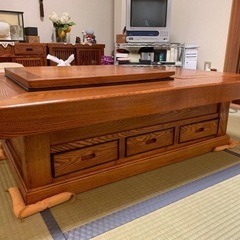 欅無垢材 囲炉裏型座卓 長火鉢 銅壺付