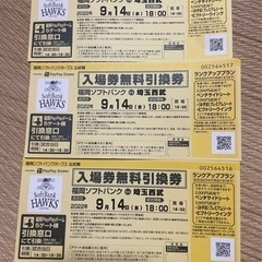 野球入場券無料引換券(9/14)  福岡ソフトバンク VS 埼玉西武