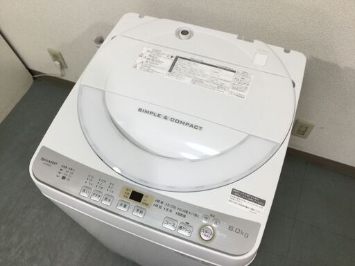 （12/3受渡済）JT5108【SHARP/シャープ 6.0㎏洗濯機】美品 2019年製 ES-GE6C-W 家電 洗濯 全自動洗濯機 簡易乾燥機能付