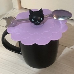 【決まりました】シリコンのふた マグカップ用 スプーン付き 猫