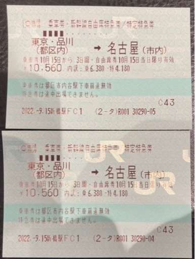 新幹線切符東京⇆名古屋　2枚