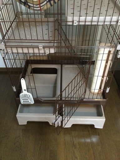 猫 ケージ キャットハウス 2段 キャスター付　一体型トイレ、ハンモック付き