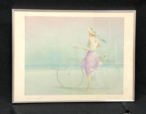 【額装】　絵画　Pierre Polignac　”Donna con bicicletta”　自転車を持つ女性　印刷？　直筆サイン有　額：縦47.5㎝×横62.5㎝×厚み2㎝