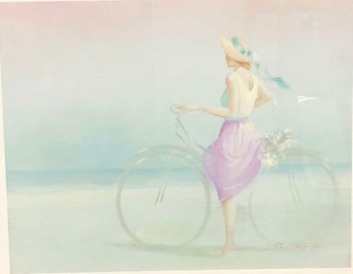 【額装】　絵画　Pierre Polignac　”Donna con bicicletta”　自転車を持つ女性　印刷？　直筆サイン有　額：縦47.5㎝×横62.5㎝×厚み2㎝