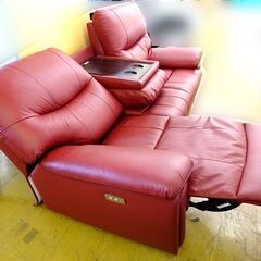 札幌発【両電動リクライニングソファ】ヤマダオリジナル ［3人掛］本革 レッド色 取扱説明書付き 
