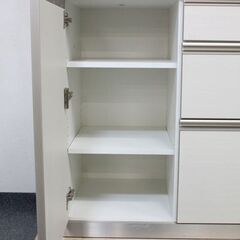 AYANO/綾野 キッチンボード 幅1400 上段デュアルソフトクローズ 下段全ブル ハイグロスホワイト 食器棚 中古家具 店頭引取歓迎 R6513)