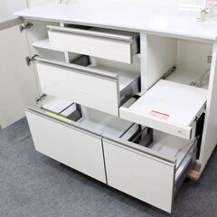 AYANO/綾野 キッチンボード 幅1400 上段デュアルソフトクローズ 下段全ブル ハイグロスホワイト 食器棚 中古家具 店頭引取歓迎 R6513)