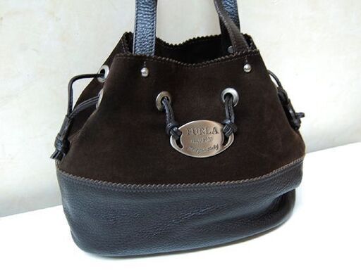 FURLA 巾着型 スウェードバッグ ダークブラウン系 ハンドバッグ 保存袋