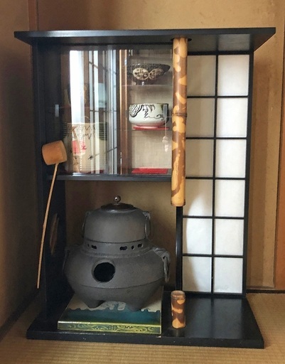 茶道具　古道具　骨董　茶釜　茶器茶道飾り棚セット