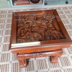 アジアン家具 サイドテーブル 花台 無垢彫刻 ガラス天板 / NY-0623 A