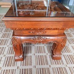 アジアン家具 サイドテーブル 花台 無垢彫刻 ガラス天板 / NY-0623 A