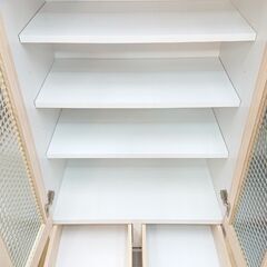 中村敬木工 カップボード 食器棚 キャビネット ハニーホワイト 木目模様 棚板可動式 4枚扉 引出し2個■横幅60cm×奥行40cm×高さ148cm■近隣配送無料 買取帝国 朝霞店