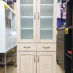 中村敬木工 カップボード 食器棚 キャビネット ハニーホワイト 木目模様 棚板可動式 4枚扉 引出し2個■横幅60cm×奥行40cm×高さ148cm■近隣配送無料 買取帝国 朝霞店