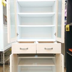 中村敬木工 カップボード 食器棚 キャビネット ハニーホワイト 木目模様 棚板可動式 4枚扉 引出し2個■横幅60cm×奥行40cm×高さ148cm■近隣配送無料 買取帝国 朝霞店