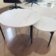 大理石風センターテーブル 大小2個セット 丸形60cm