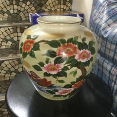 九谷朱山　花瓶　大ぶり　椿　オシドリ