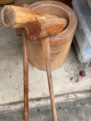 臼と杵2本セット、餅用木製のし台