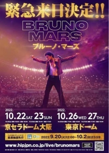 ブルーノマーズ Bruno Mars VIP SS席 2枚 京セラドーム 大阪 10月23日 日曜日