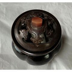 F284 永楽善五郎 河濱支流 香炉 唐木透し蓋 メノウ摘み 唐木台 合わせ 