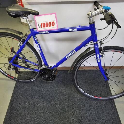 自転車 クロスバイク 中古 GIOS ブルー 前後タイヤ・チェーン・ペダル新品
