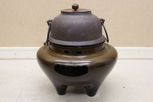 茶道具 藤井宗喜作 鉄地真形釜 唐銅切合朝鮮風炉 連名の