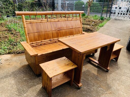 竹の健康長椅子(テーブル、フットレスト付　梅里竹芸製　取りに来てくださる方)